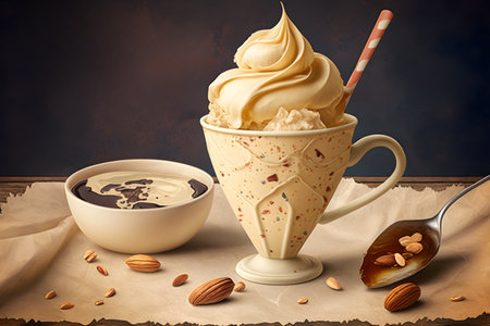 Cup of coffee with whipped cream and nuts on a brown backgroundの素材