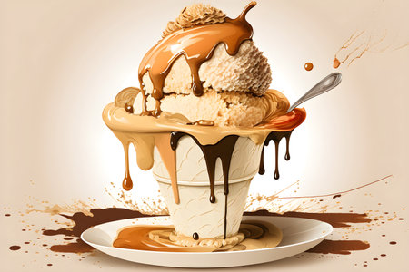 Chocolate ice cream with caramel sauce in a cup. 3d illustrationの素材