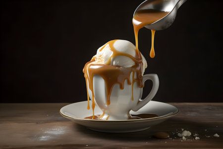 Coffee cup with ice cream and caramel sauce on wooden tableの素材