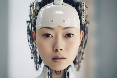 Portrait of a female robot looking at the camera with serious expressionの素材