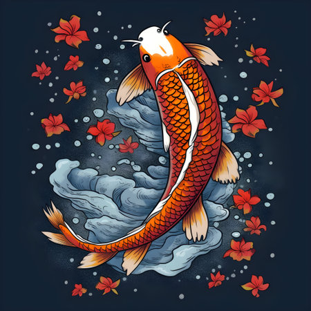 Koi fish on a dark background with clouds and flowers. vector illustration.の素材