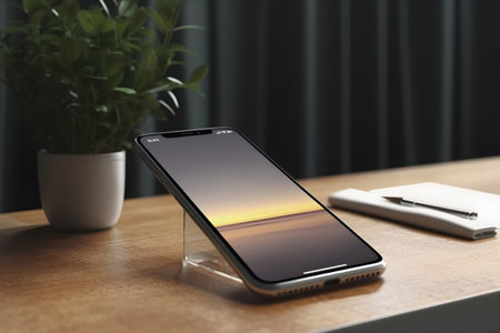 Smartphone with blank screen on table in office. Mockup for designの素材
