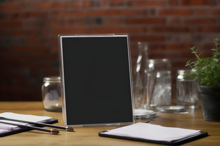 Tablet with blank screen on wooden table in office, stock photoの素材