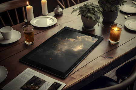 Tablet PC with clouds in the sky on a wooden table.の素材