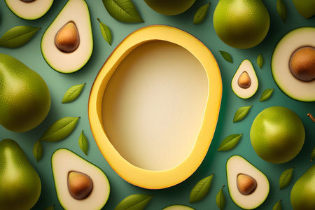 Avocado on green background. top view. 3d illustration.の素材