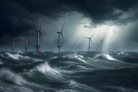 Wind turbines in stormy sea. 3d rendering. computer digital drawing.の素材