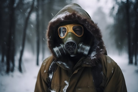 Man in a gas mask on a background of a winter forest.の素材