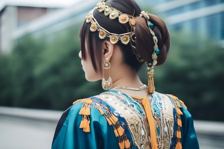 Beautiful asian woman wearing traditional costume in the city. back view.の素材