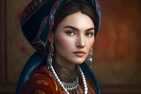 Portrait of a beautiful woman with oriental makeup and jewelry.の素材