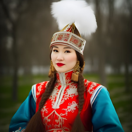 Beautiful asian girl in traditional costume in the park at winterの素材