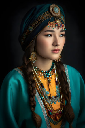 Portrait of a beautiful girl in ethnic clothes on a black backgroundの素材