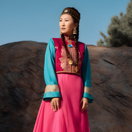 Beautiful asian woman in traditional costume posing in the desert.の素材
