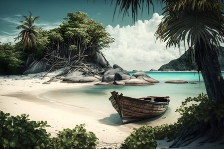 Fishing boat on the beach at Seychelles, Praslinの素材