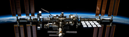 Foto per International Space Station. International Space Station in outer space. 3D rendering - Immagine Royalty Free