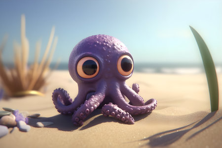 Octopus on the beach in the evening. 3d illustration.の素材