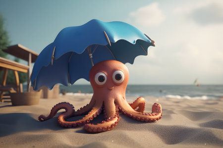 Octopus with umbrella on the beach. vacation and travel conceptの素材