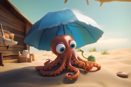 Octopus under an umbrella on the beach. 3d illustration.の素材