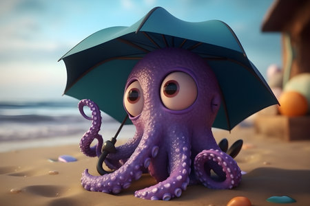 Cartoon octopus with umbrella on the beach. 3d illustrationの素材