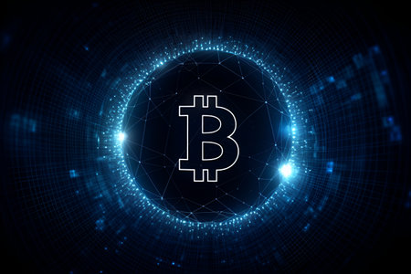 Cryptocurrency coin Bitcoin on a blue background. The concept of blockchain technology.の素材