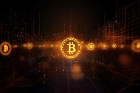 Digital background image with bitcoin sign against black background with vignetteの素材