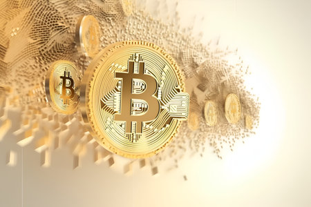 golden bitcoin on a gold background. 3d rendering, 3d illustration.の素材