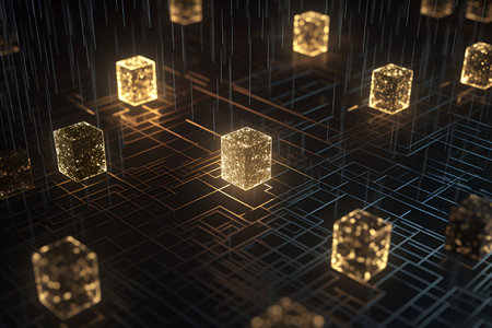 3D rendering of glowing golden cubes on black background. Futuristic technology conceptの素材