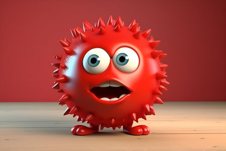 Funny virus character on the wooden table. 3d illustration.の素材