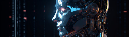 Cyborg head with glowing neon lights on dark background 3D renderingの素材