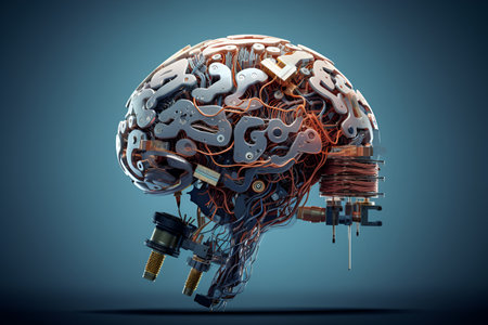 3d rendering of a human brain with gears and cogwheelsの素材