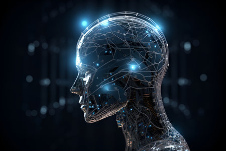 3D rendering of a female cyborg head with connection lines and dotsの素材