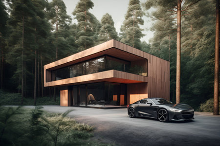 3D rendering of a modern house with a car in the foregroundの素材