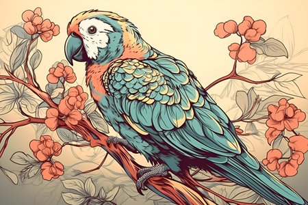 Parrot sitting on a branch with flowers. hand drawn vector illustration.の素材