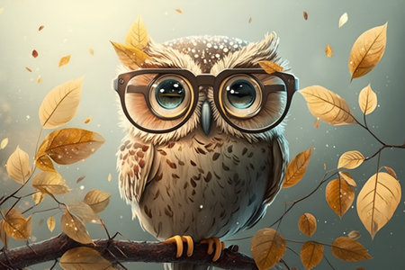 Owl in glasses on a branch with autumn leaves. Illustrationの素材