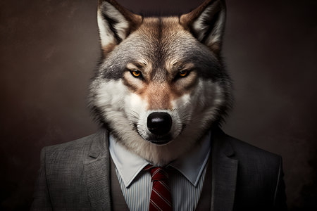 Portrait of a wolf in a suit and tie on a dark backgroundの素材