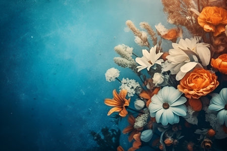 Beautiful flowers on blue background with copy space. top view.の素材