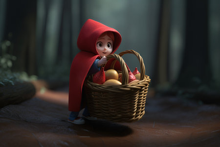 Basket with Easter eggs and a little girl in a red hood.の素材