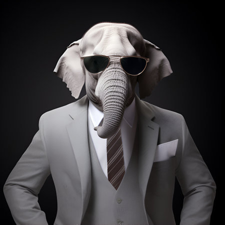 Portrait of an elephant in a white suit and sunglasses on a black backgroundの素材