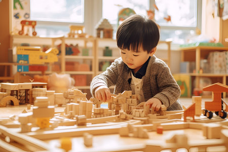 Cute little boy playing with wooden blocks in kindergarten. Early development conceptの素材