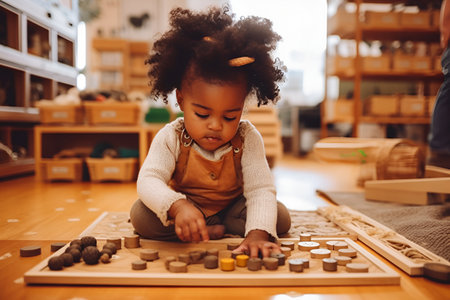 Little girl playing with wooden blocks in playroom. African american child having fun.の素材