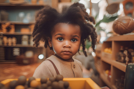 little african american girl looking at camera while shopping in supermarketの素材