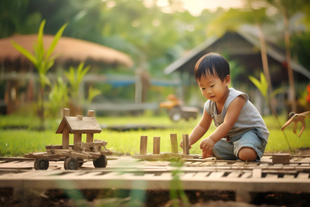 Cute asian baby boy playing with wooden train in the gardenの素材