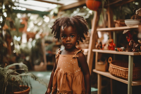 Portrait of a cute african american little girl in a flower shop.の素材