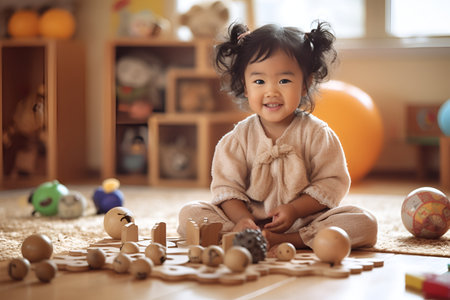 Cute little asian girl playing with wooden blocks in the roomの素材