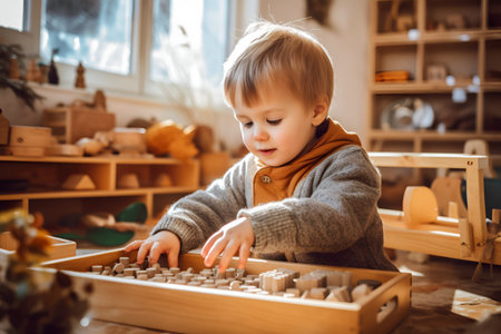 Cute little boy playing with wooden blocks in the workshop. early development.の素材