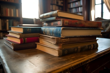 Old books on a wooden table in the library. selective focus.の素材