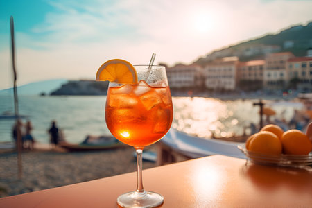 Aperol spritz cocktail in a glass on the background of the sea.の素材