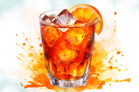 Cuba libre cocktail with ice cubes and orange slice on watercolor backgroundの素材