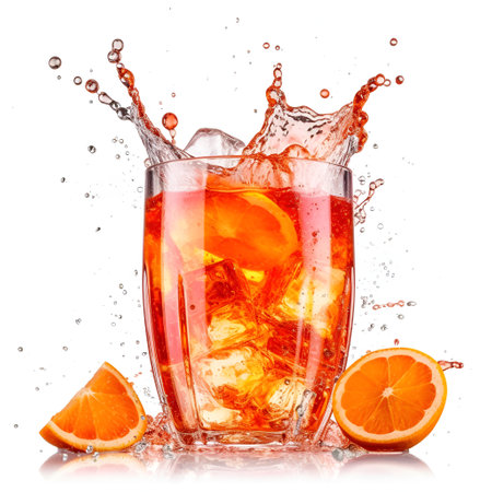 Cocktail with ice, orange and water splash isolated on white backgroundの素材