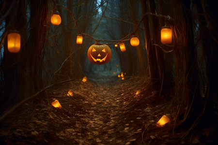 Halloween pumpkin lanterns in the forest at night. halloween backgroundの素材