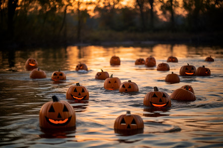 Halloween pumpkins with scary faces on dark background. selective focusの素材